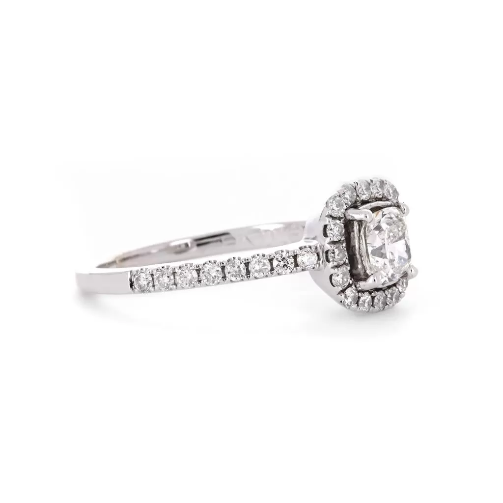 0.82ctw Cushion Diamond Engagement Ring, Halo, Pavê Band - 14K White Gold