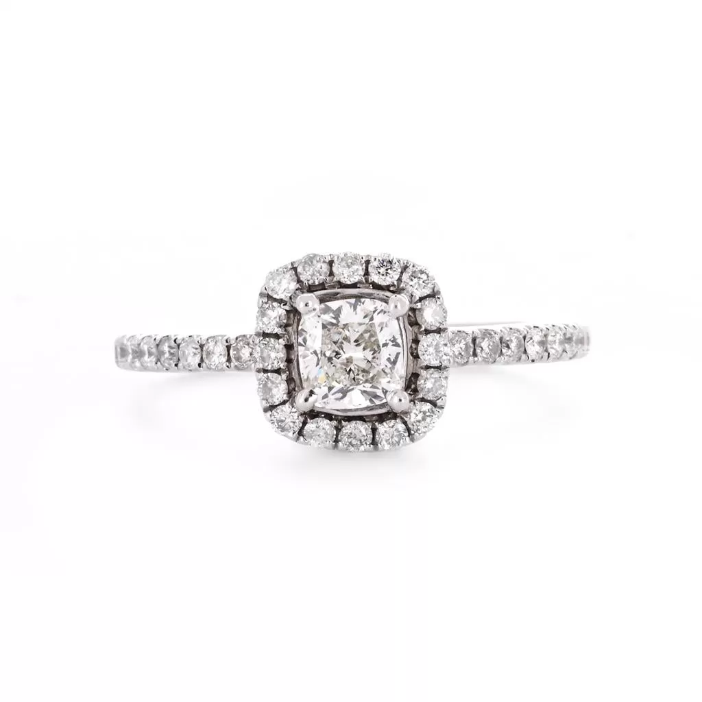 0.82ctw Cushion Diamond Engagement Ring, Halo, Pavê Band - 14K White Gold