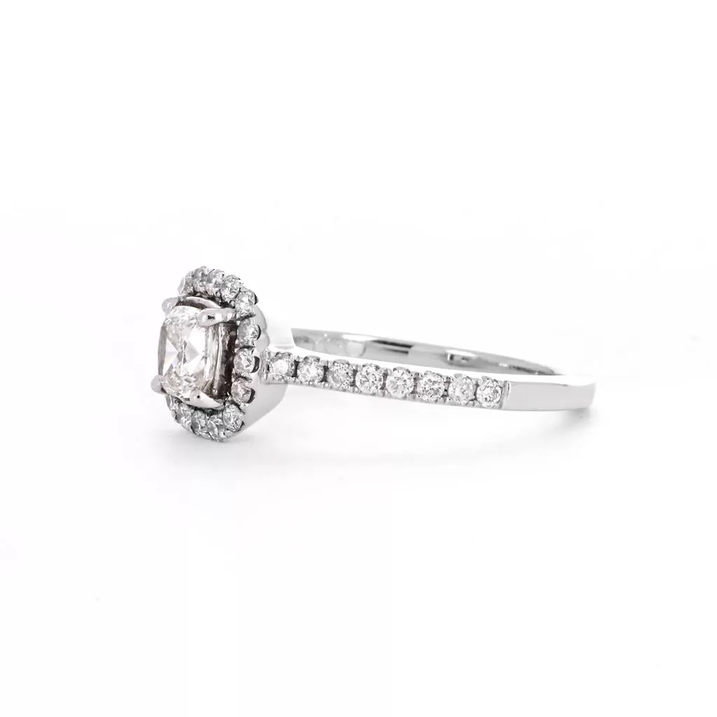 0.82ctw Cushion Diamond Engagement Ring, Halo, Pavê Band - 14K White Gold