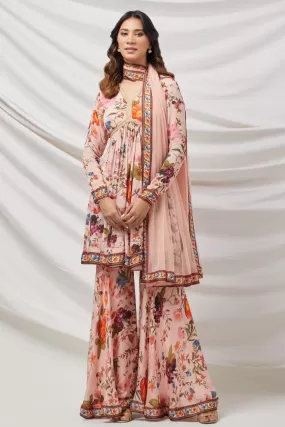 50Z875-RO Light Pink Floral Embroidered Silk Sharara Suit Set