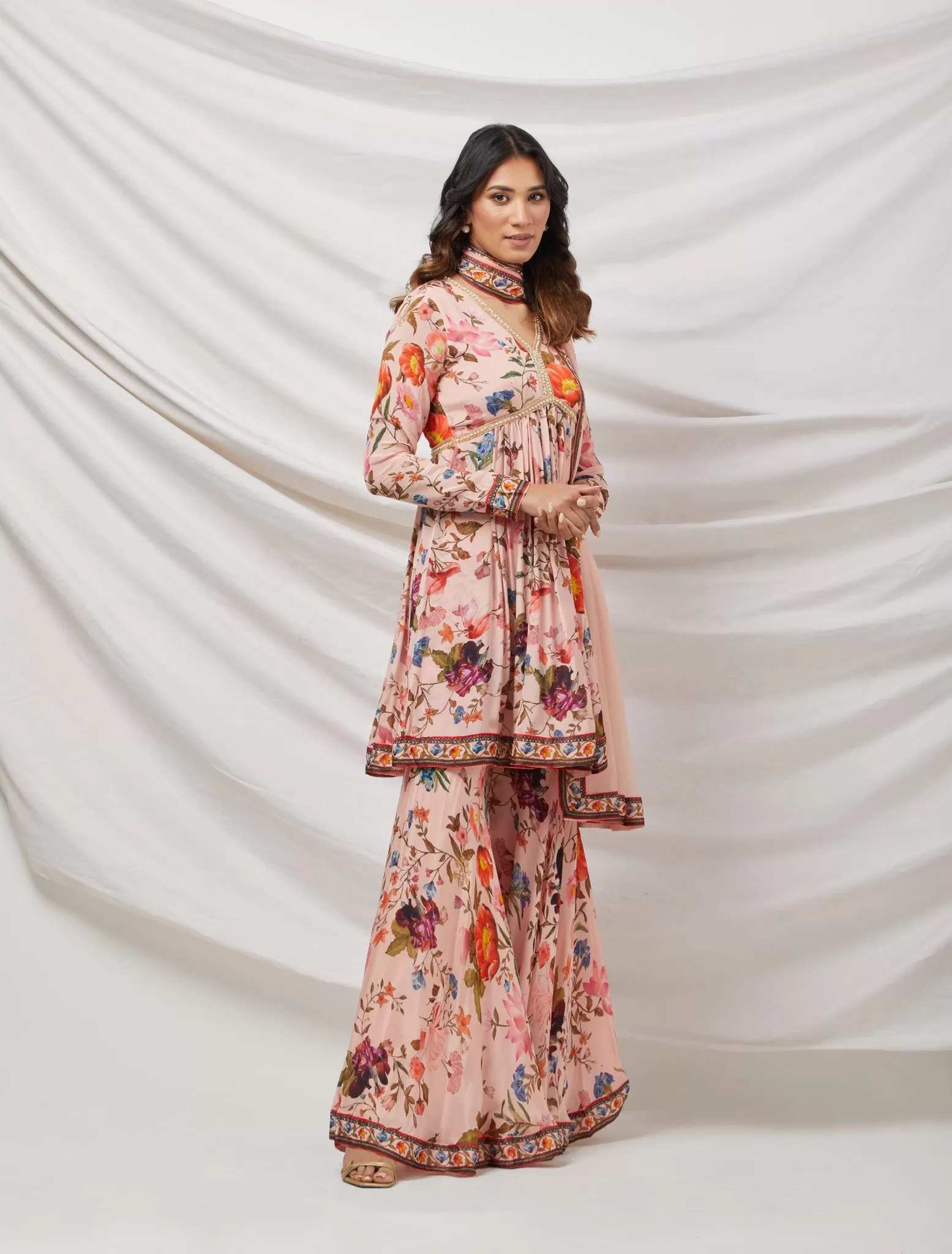 50Z875-RO Light Pink Floral Embroidered Silk Sharara Suit Set