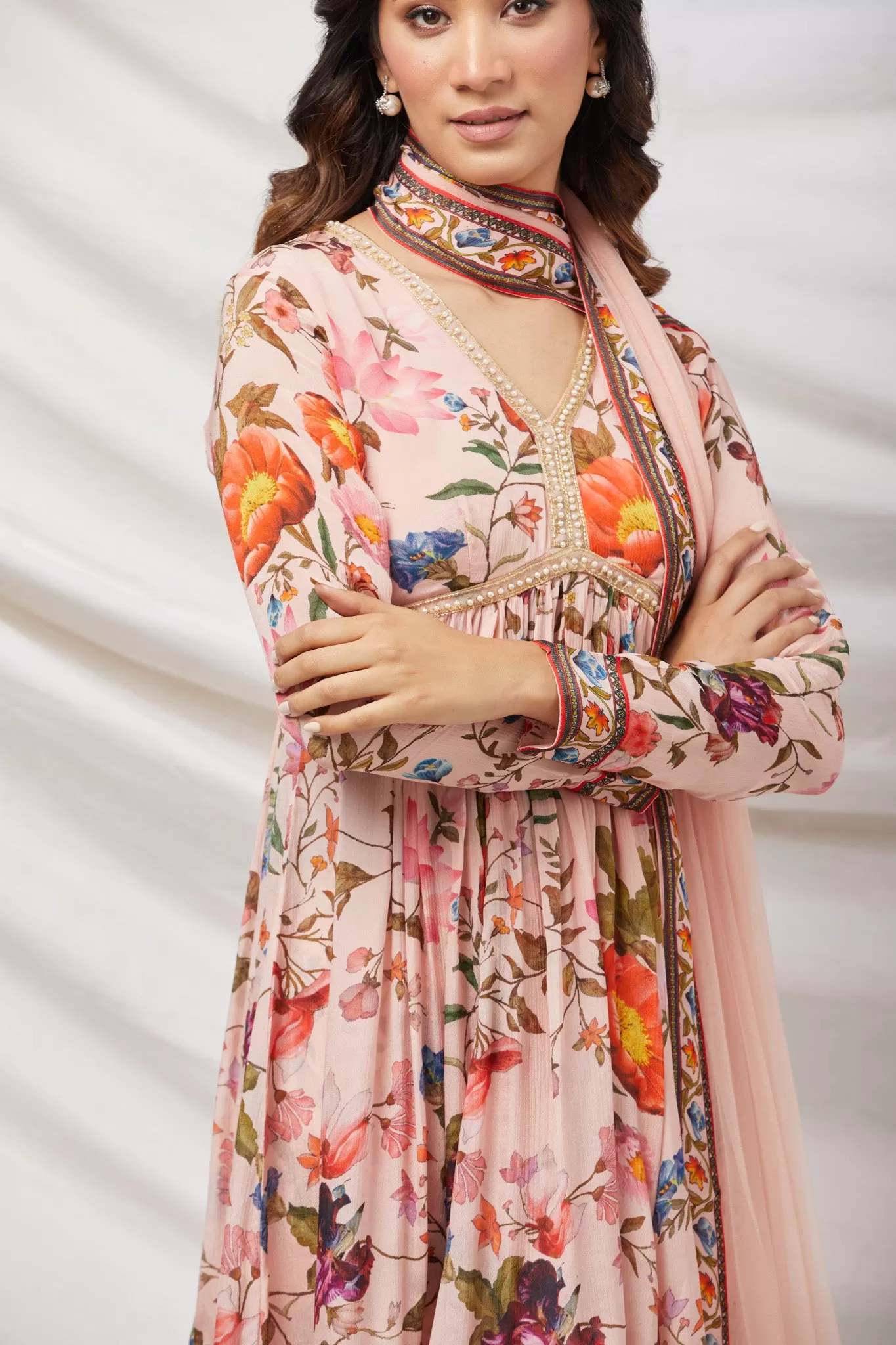 50Z875-RO Light Pink Floral Embroidered Silk Sharara Suit Set