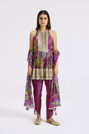 51Z031-RO Purple Printed Georgette Dhoti Kurta Set with Dupatta