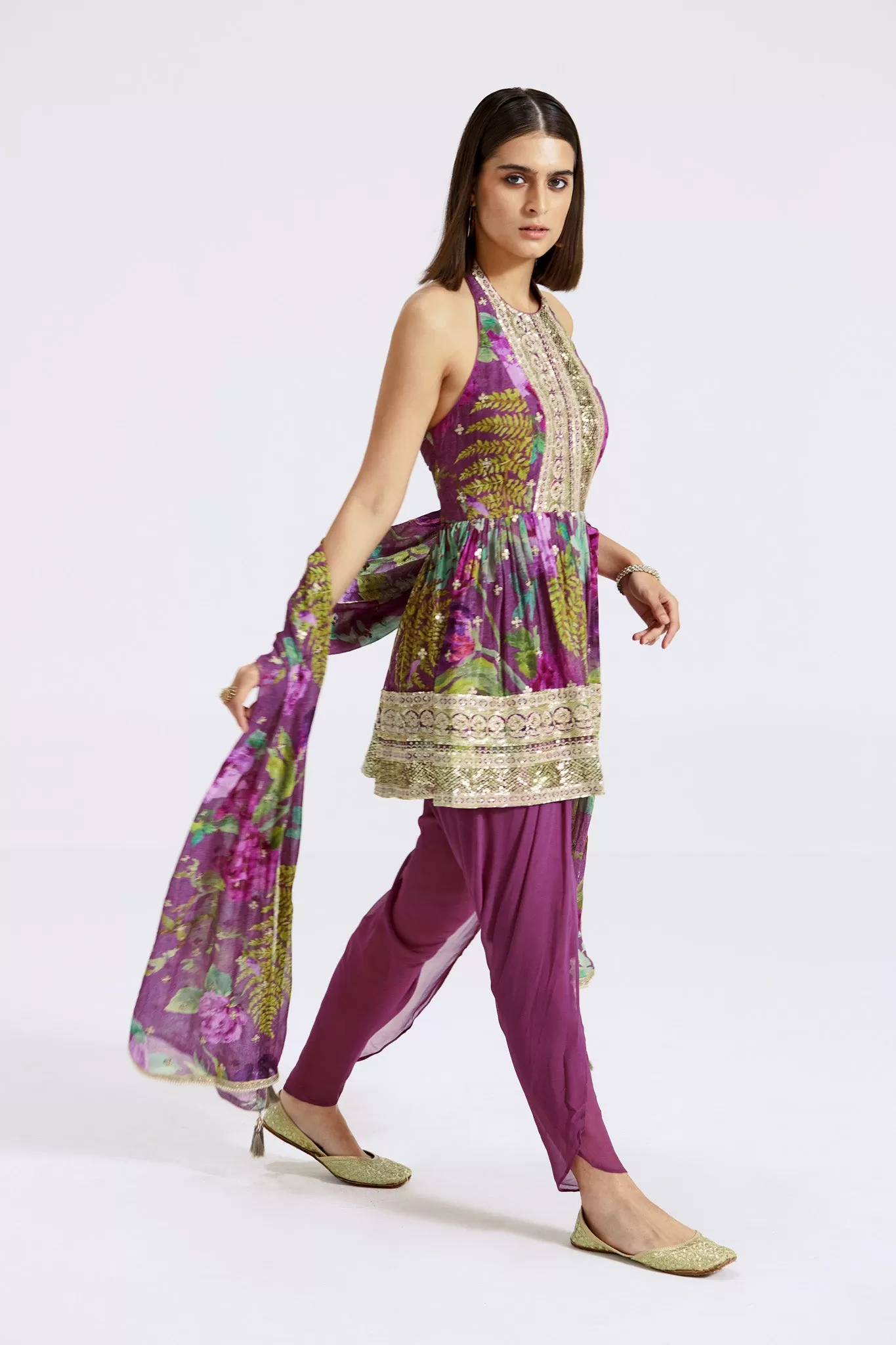 51Z031-RO Purple Printed Georgette Dhoti Kurta Set with Dupatta