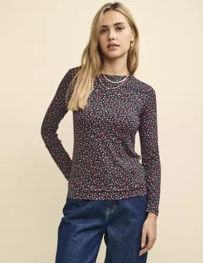 Black Ditsy Floral Crew Neck long Sleeve T-Shirt