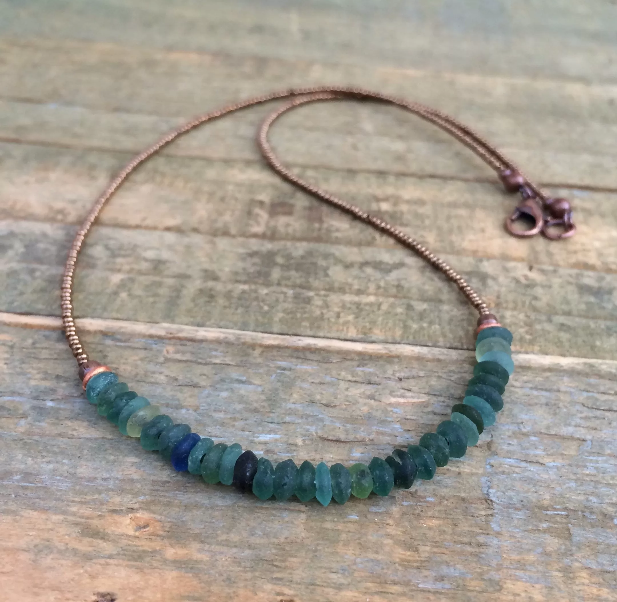 Blue Green Roman Glass Beaded Necklace with Copper Accents