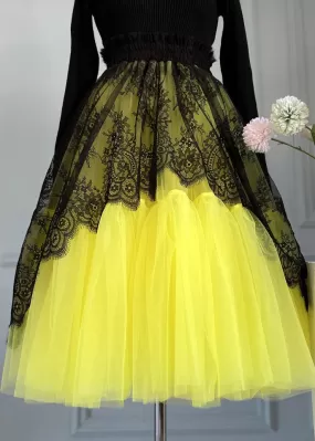 Chic Yellow Lace Elastic Waist Patchwork Tulle Skirts Summer AB1024