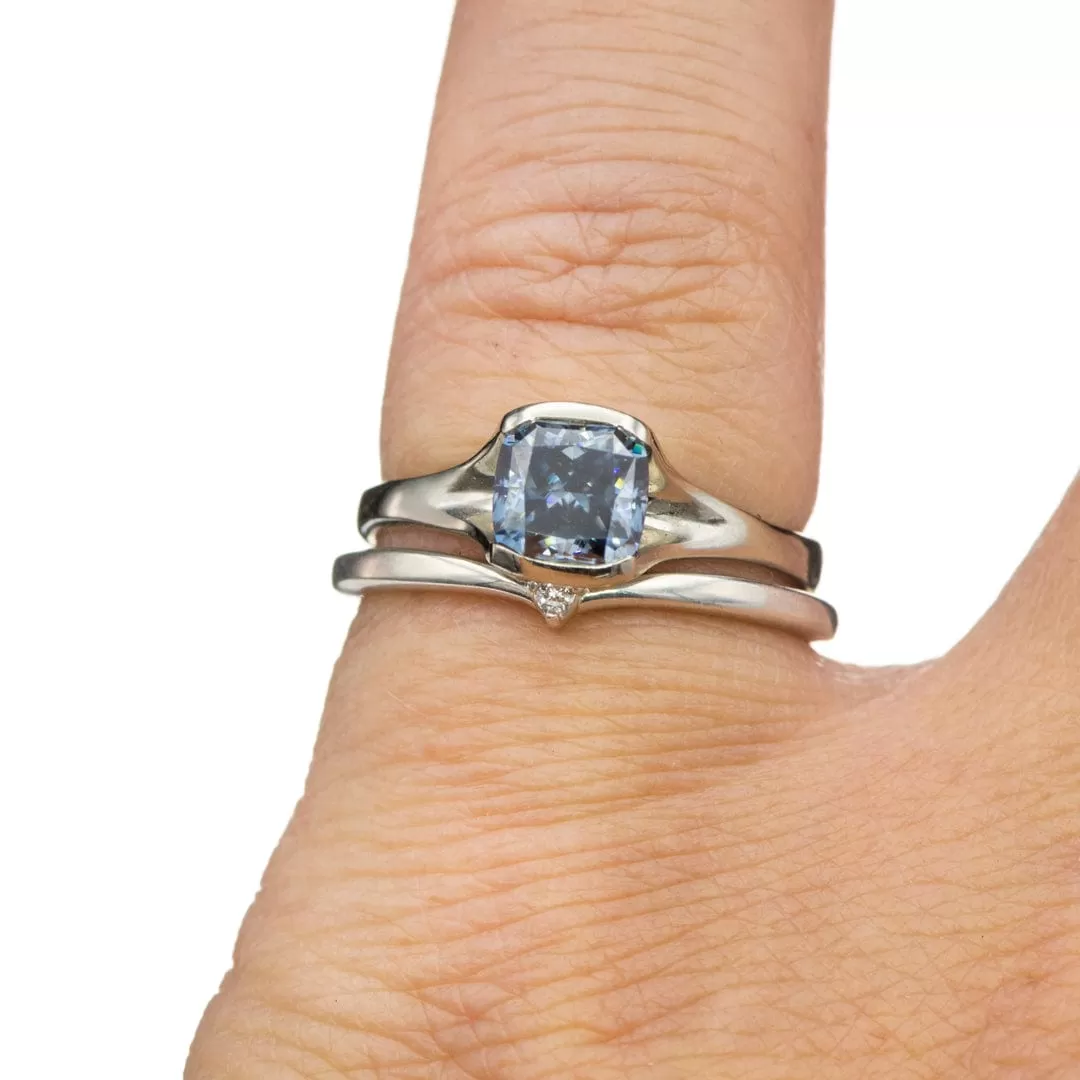 Cushion Cut Blue-Gray Moissanite Fold 14k White Gold Fold Solitaire Engagement Ring, Ready to Ship