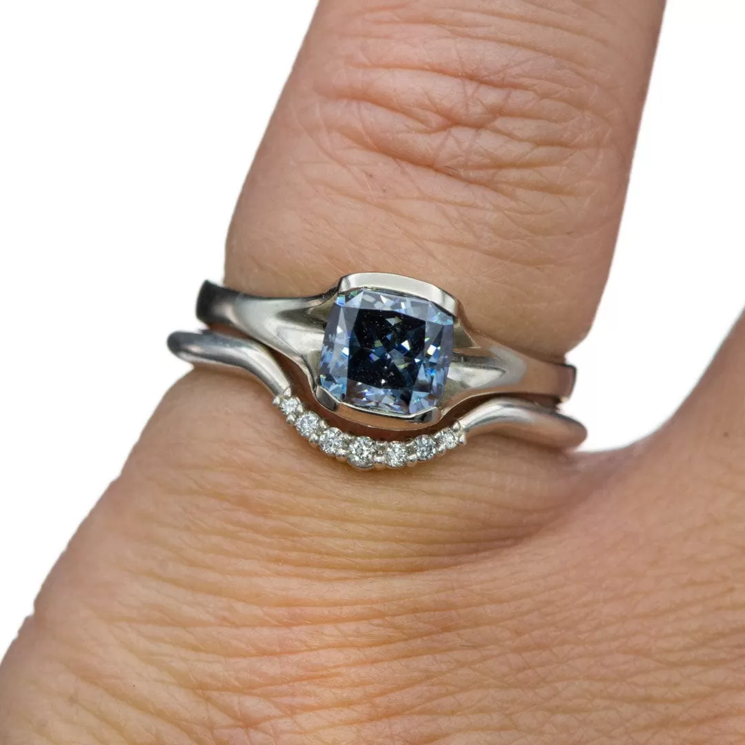 Cushion Cut Blue-Gray Moissanite Fold 14k White Gold Fold Solitaire Engagement Ring, Ready to Ship