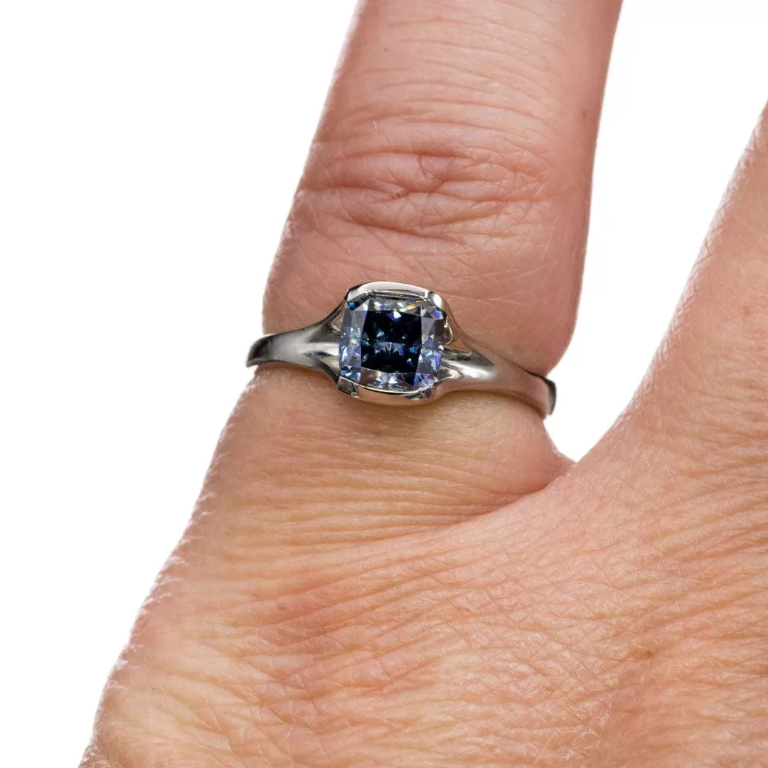 Cushion Cut Blue-Gray Moissanite Fold 14k White Gold Fold Solitaire Engagement Ring, Ready to Ship