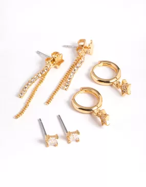 Gold Plated Stars & Chain Earrings 6-Pack