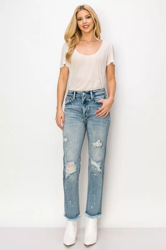 HIGH RISE DISTRESSED STRAIGHT WITH FRAY HEM JEANS