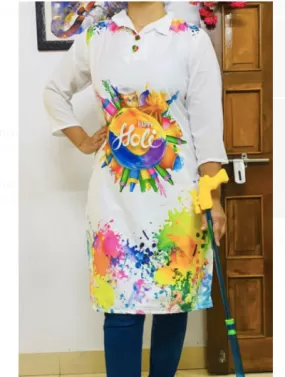 Holi White Kurta Women Design Print