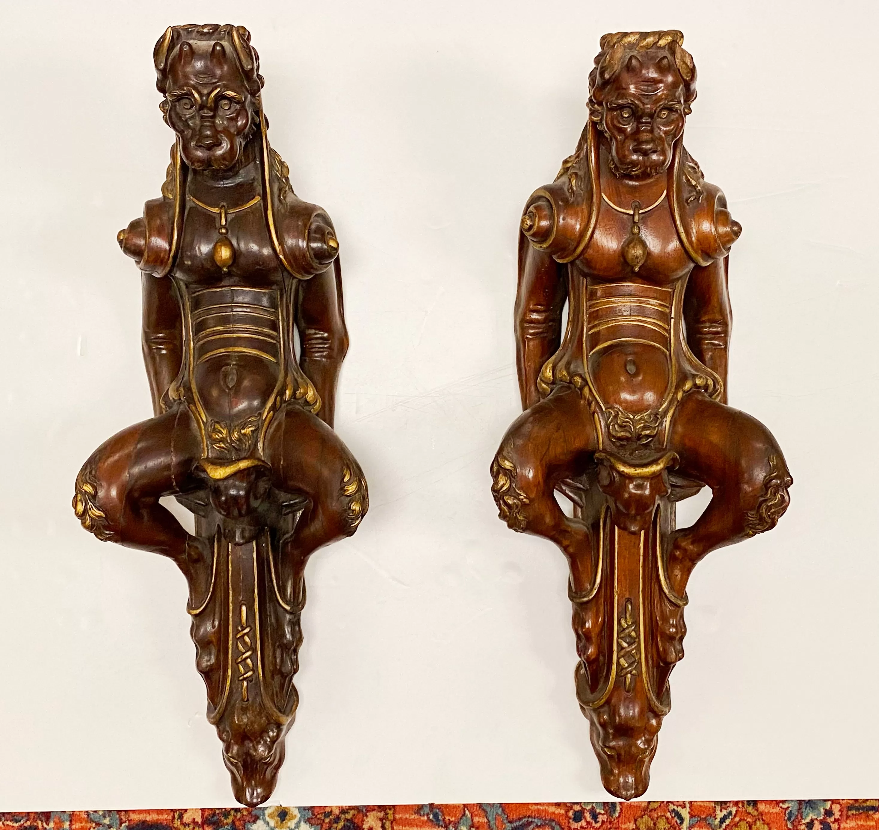 Italian Florentine Carved Wood Dog Wall Sculptures