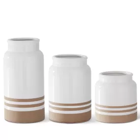 Medium White and Tan Stripes Ceramic Vase - 8.75 Inch