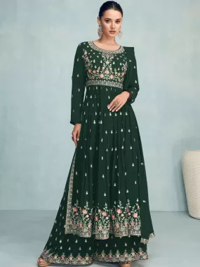 Odette Women Green Faux Georgette Embroidered Semi Stitched Palazzo Suit