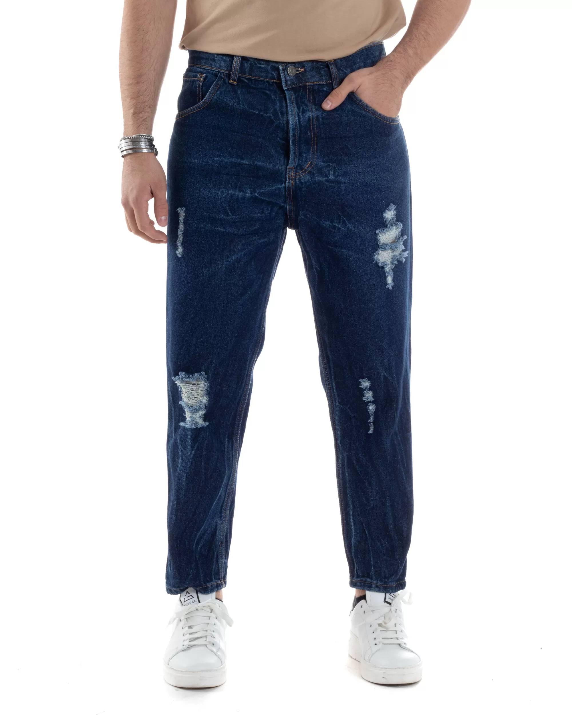 Pantaloni Jeans Uomo Loose Fit Denim Scuro Con Rotture Cinque Tasche GIOSAL-JS1034A