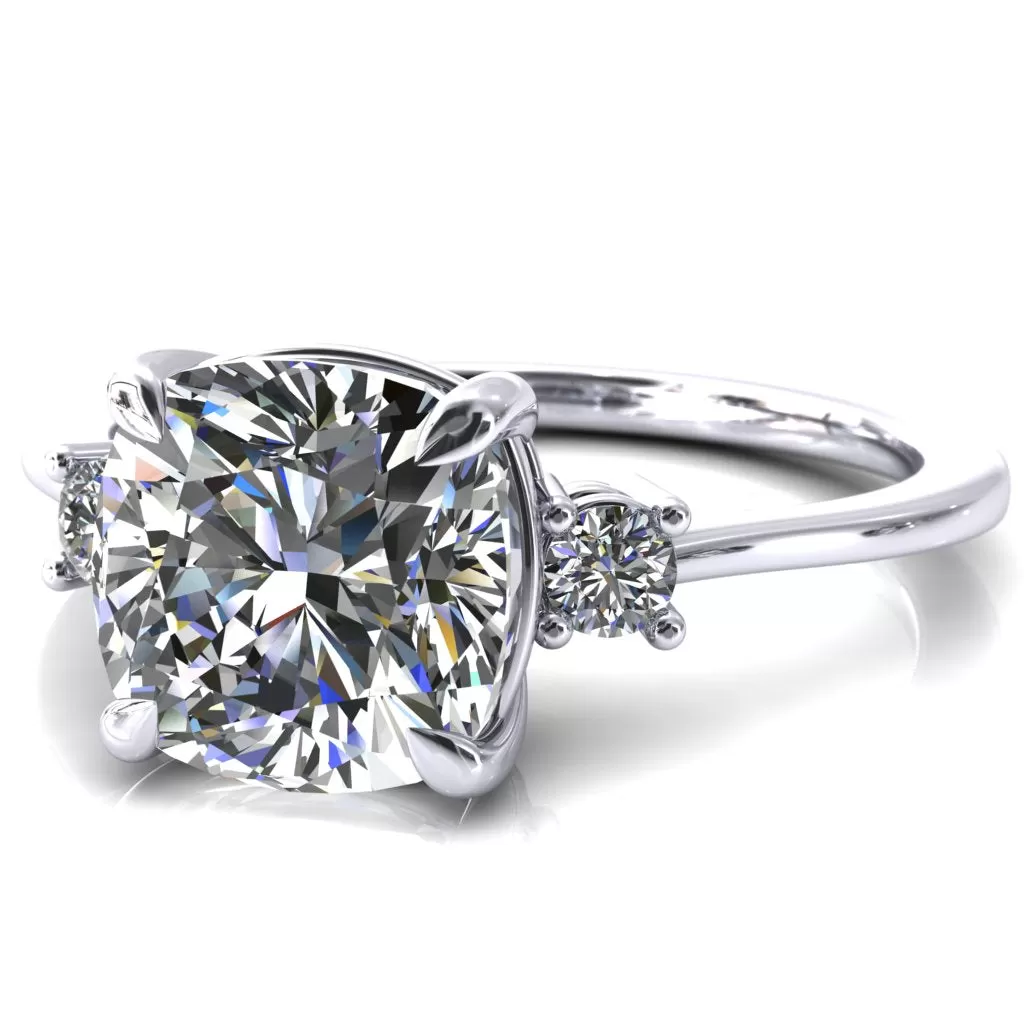 Poppy 8mm Cushion Moissanite 4 Claw Prong 2 Rail Basket Round Sidestones Inverted Cathedral Platinum Engagement Ring