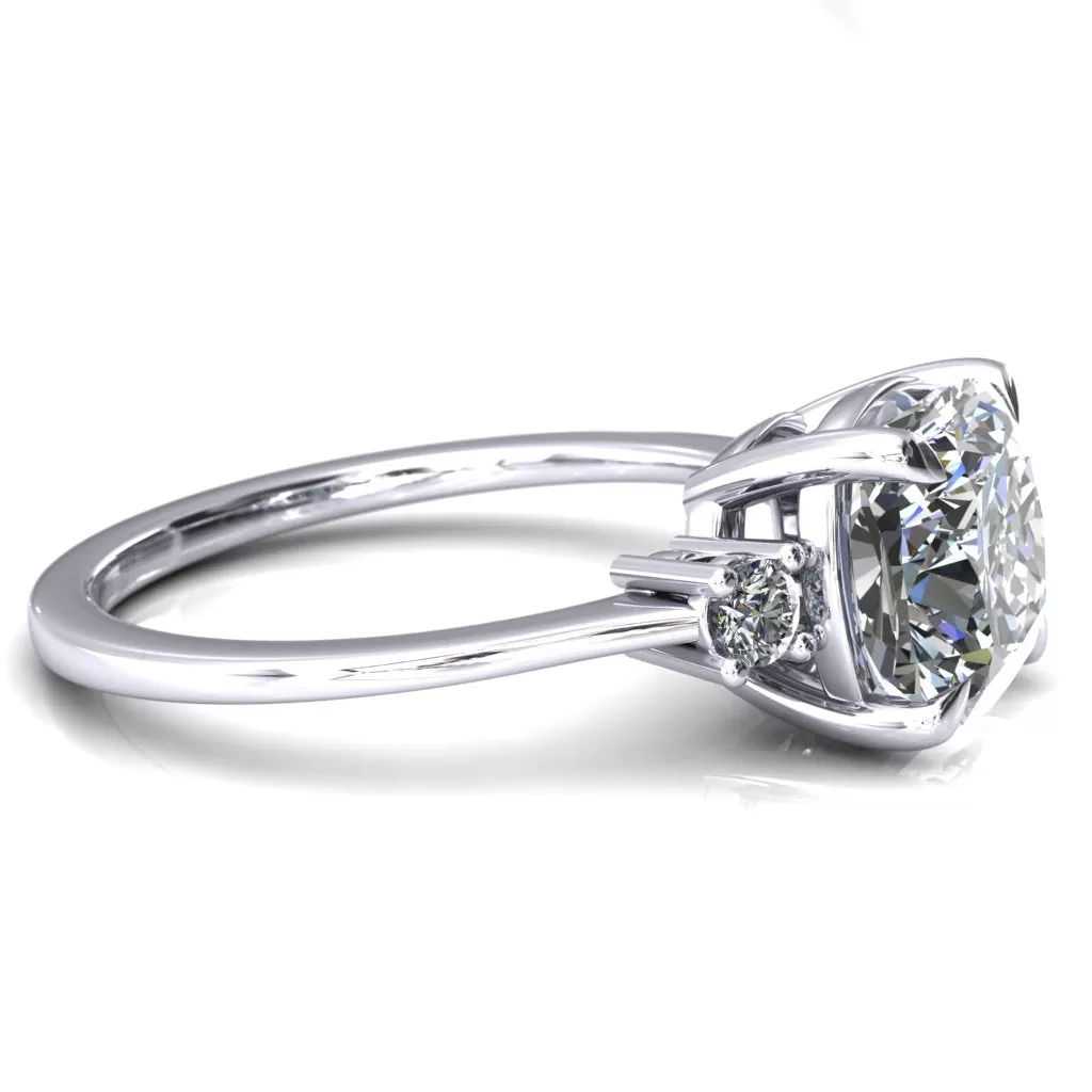 Poppy 8mm Cushion Moissanite 4 Claw Prong 2 Rail Basket Round Sidestones Inverted Cathedral Platinum Engagement Ring